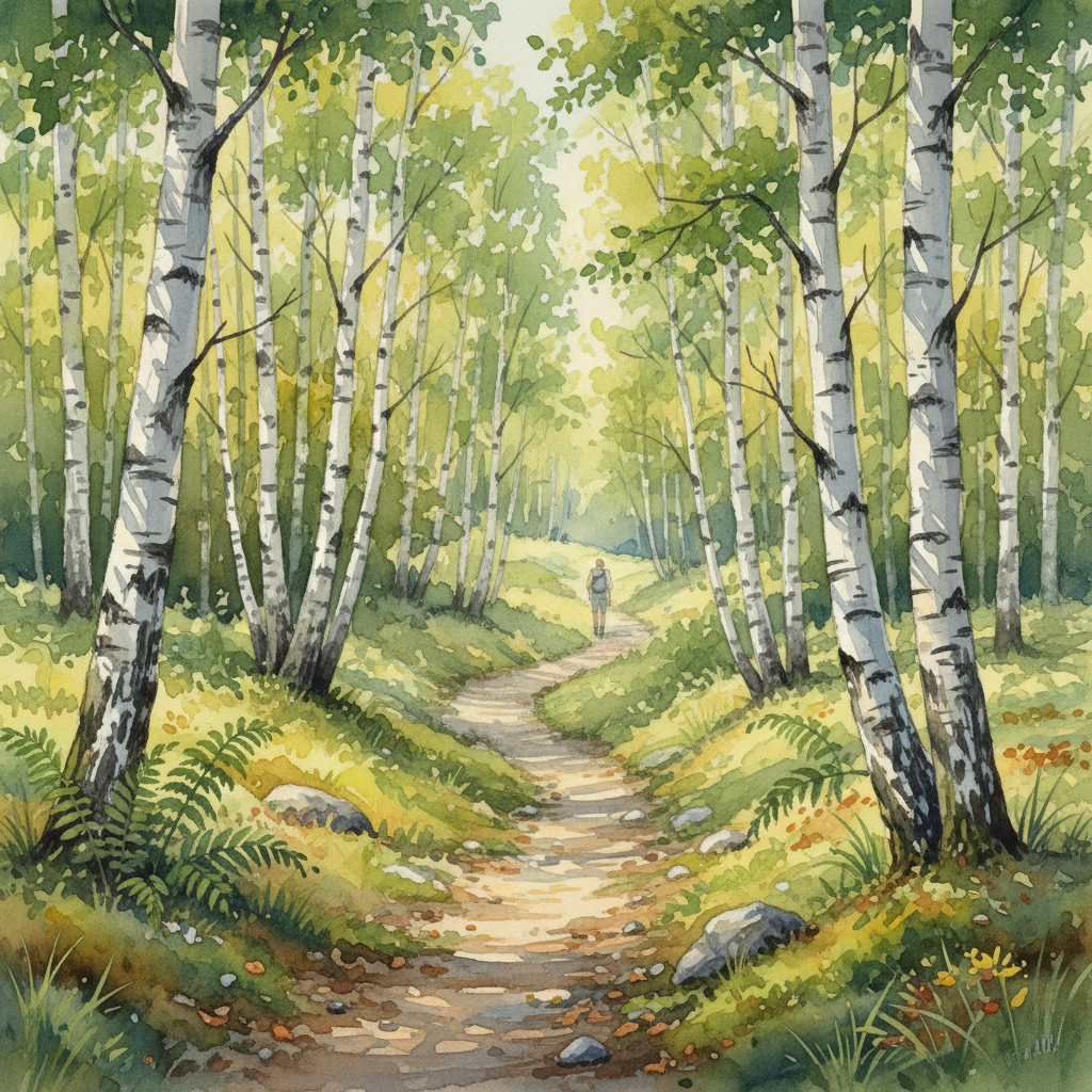 Sunlit birch tree trail in summer