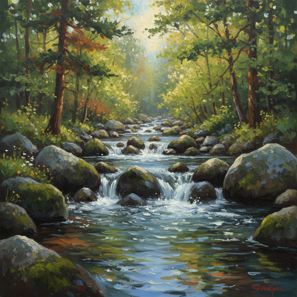 Crystal clear mountain stream over mossy rocks